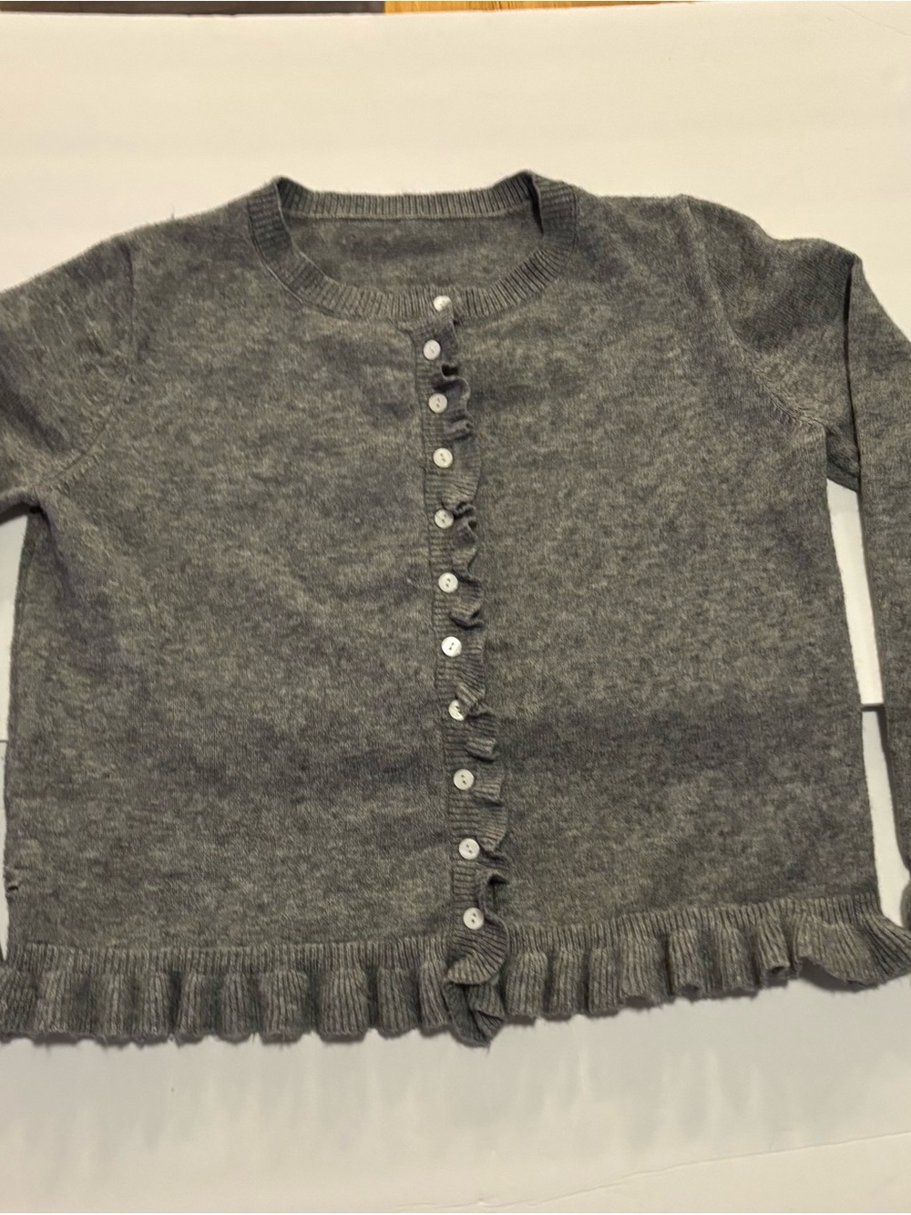 Grey Ruffle-Trim Button Cardigan Sweater - Women's